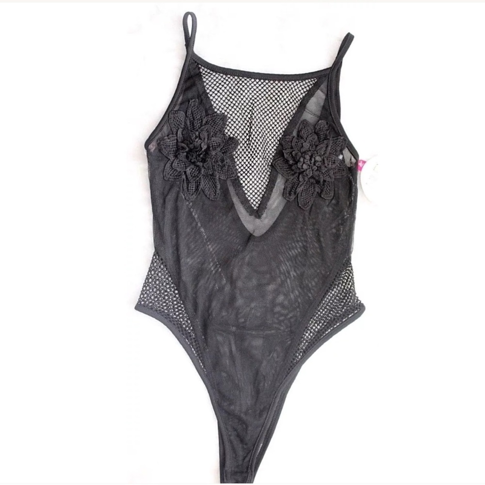 Lace Sheer Mesh Bodysuit Floral Embroidery